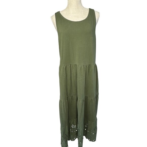 J.Crew Olive Green Sleeveless Tiered Midi Dress XL Eyelet Hem Cotton Made In Ind - Picture 1 of 9